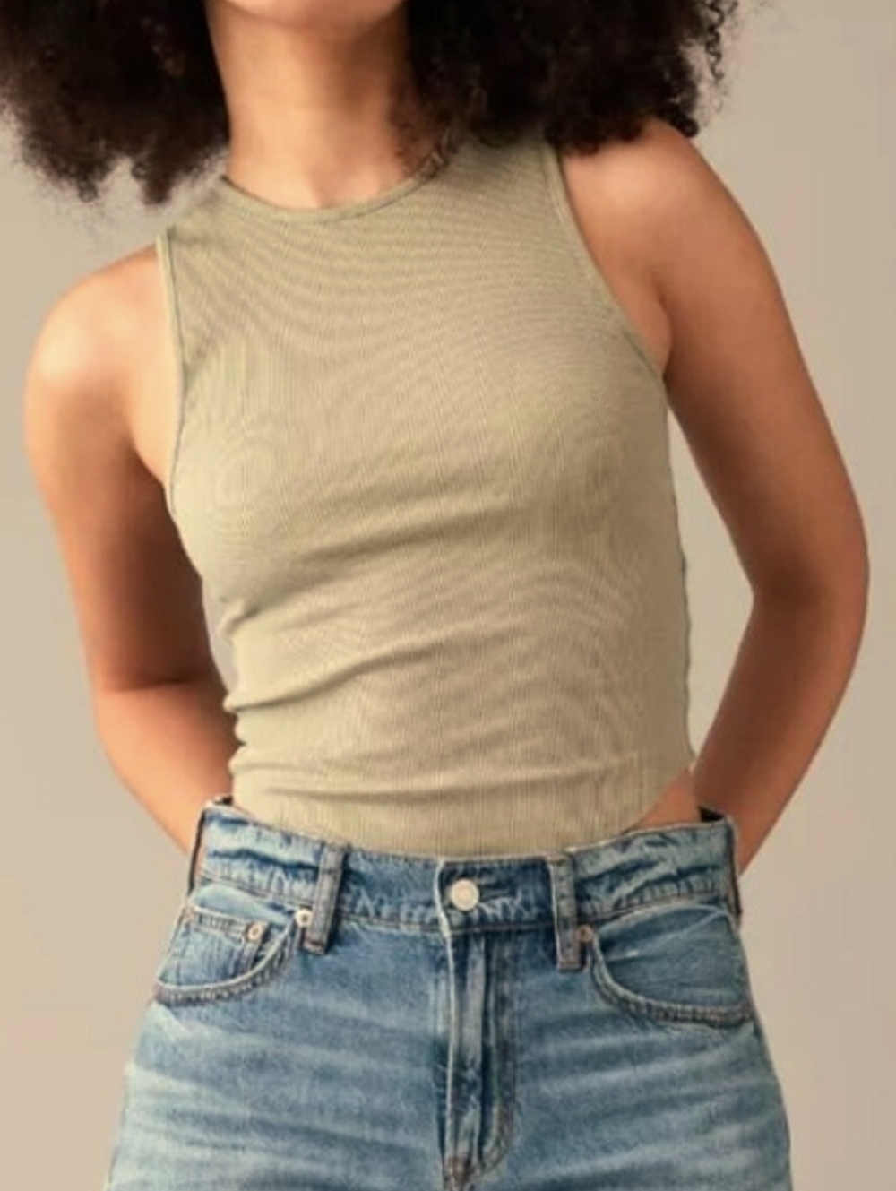 New AE High Neck Daily Fave Tank Top Cropped Oatmeal Heather Sz L